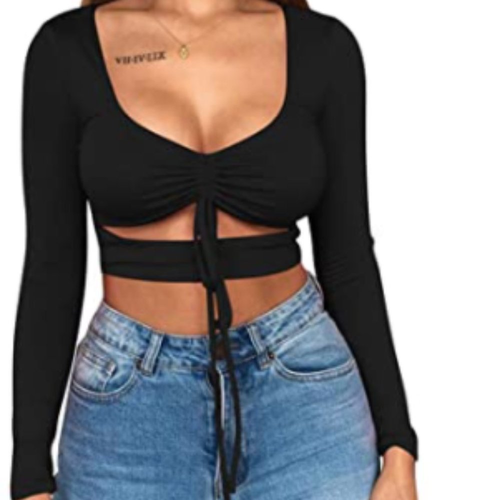 Women's Sexy Ruched Tie Up Crop Top Basic Long Sleeve